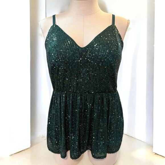 Torrid 3 (3X 22/24) Sexy Emerald Green Sequin Peplum V Neck Party Cami Tank Top - Picture 2 of 3